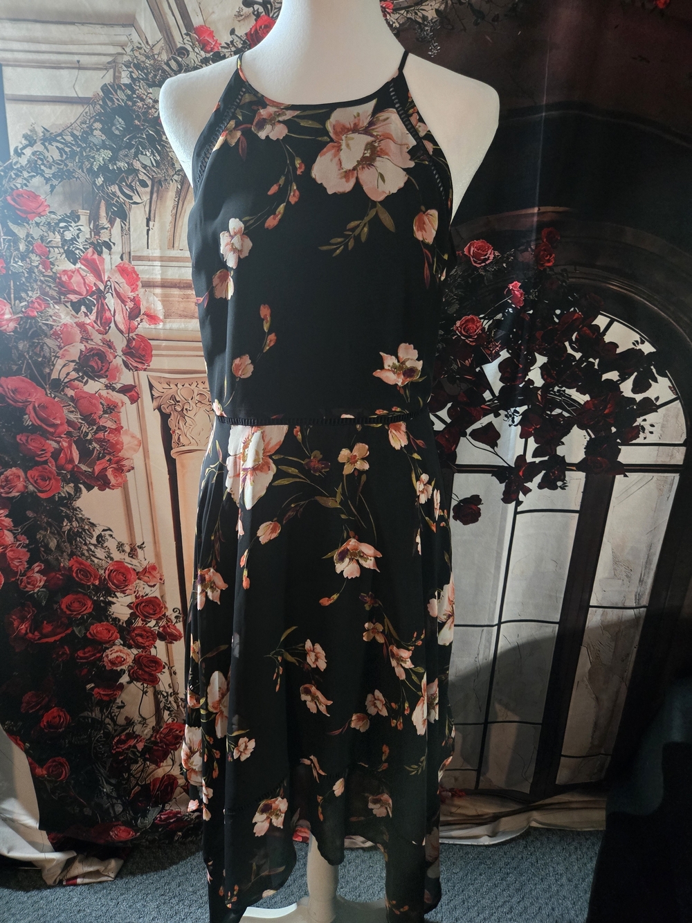 Candie's Black Floral Halter Midi Dress with Pink Blossoms